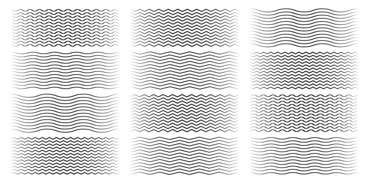 Wave line and wavy zigzag pattern lines. Vector black underlines, smooth end squiggly horizontal curvy squiggles isolated on white background. Vector illustration.eps,10