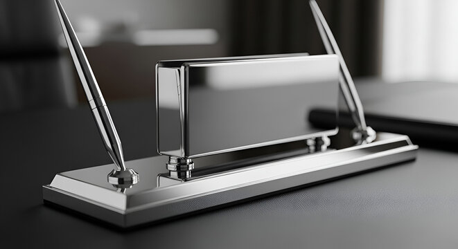 Elegant metal pen holder with pens on desk, office supplies, luxury stationery