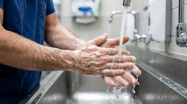 Healthcare worker meticulously washing hands with soap and running water in a sterile sink