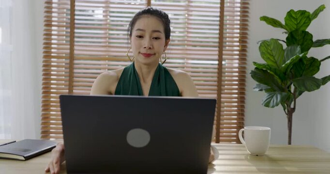 Portrait  business asian creative designer woman start working in office desk virtual computer. Small business owner people employee freelance online sme marketing e-commerce telemarket 