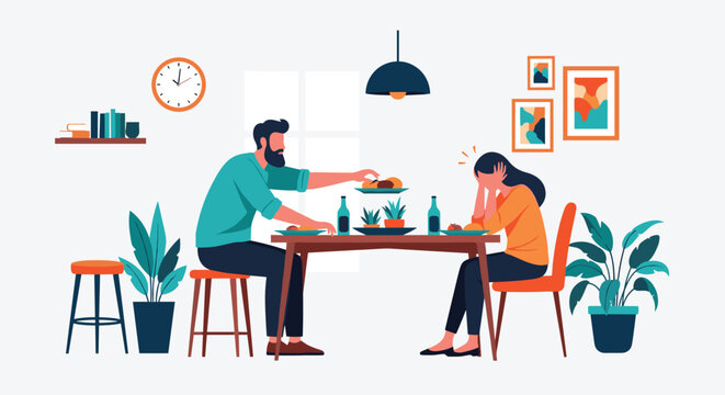 Stressed woman experiencing headache or anxiety while dining with her partner at home in a cozy kitchen setting.