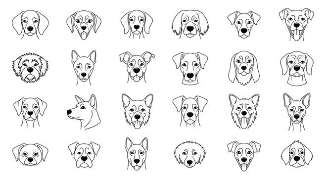 Extensive set of diverse dog breed head outlines in a clean black and white line art style for pet related designs.
