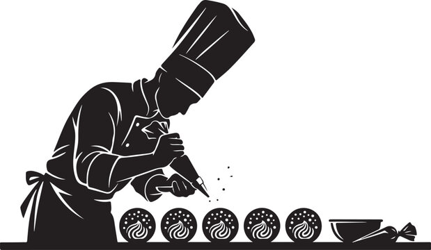 Silhouette Chef decorating cupcakes with icing and sprinkles baking