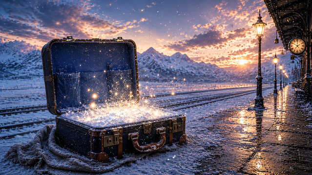 Magical Suitcase Glowing on a Snowy Train Platform at Sunset