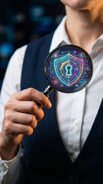 Magnifier, cybersecurity, lock, businessman, zero trust ai security concept with digital shield for data privacy risk review