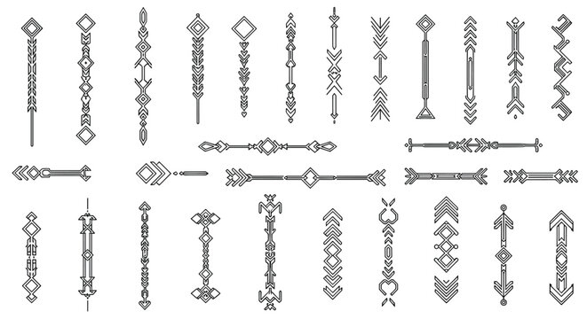 Set of black and white vertical and horizontal geometric borders and tribal pattern dividers in vector format.