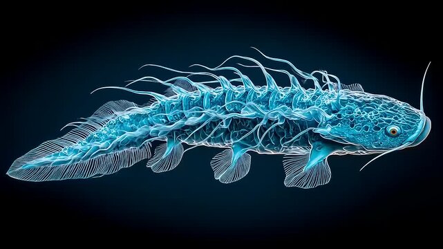 Surreal Underwater Creature Displaying Intricate Design and Cyan Illumination Under Deep Ocean Depths