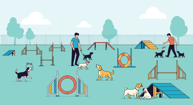 Dog agility training park with trainers teaching their pets to jump and run through obstacles vector illustration.