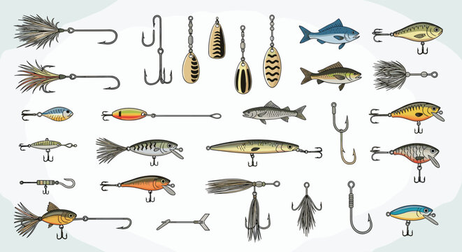 Comprehensive professional set of various fishing lures, artificial baits, hooks, and spoons isolated on white background.