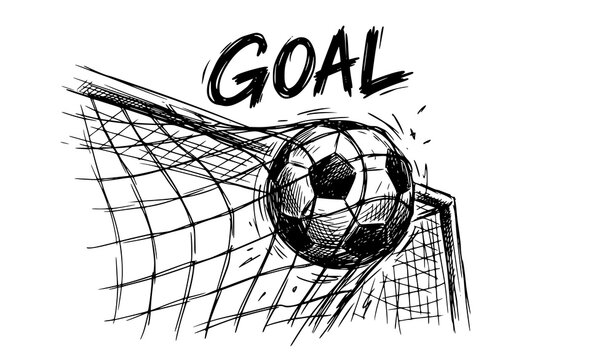 Sketch Soccer Ball in Goal Net with Bold Goal Text Sports Vector Illustration