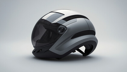 Fototapeta premium Motorcycle helmet with a dark visor and aerodynamic shell sits on a clean white background, providing a clear studio shot that emphasizes its protective design and sleek, modern safety features.