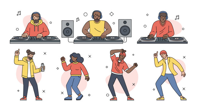 Energetic team of professional DJs playing music on turntables and happy young people dancing at a party vector.