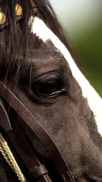 Majestic black horse wearing traditional yellow tassel ornaments stands proudly in a lush green field as this cinematic video footage captures the gentle movement and elegant spirit of the animal duri