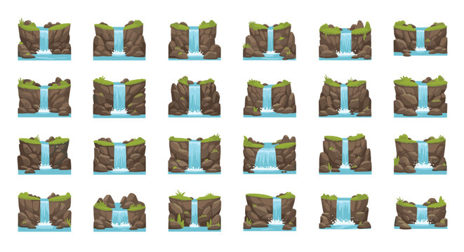 Set of waterfall tiles with rocks and greenery for video game development and level design templates.