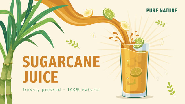 Vector illustration of golden sugarcane juice pour with stalks &ndash; Ideal for food blogs, juice bar menus, or agricultural marketing.