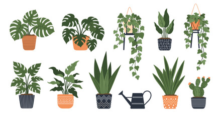 Fototapeta premium Collection of potted houseplants including monstera, snake plant, ivy, and a cactus next to a watering can.