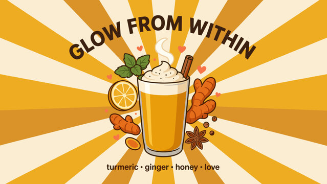 Steaming turmeric latte mug radiating golden rays &ndash; Suitable for holistic healing, ayurvedic wellness blogs, or comforting drink ads.