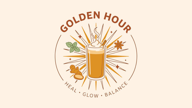 Golden hour turmeric latte vector with botanical frame &ndash; Great for spiritual well being, spa menu designs, or winter wellness posters.