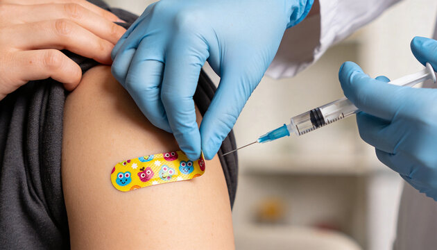 Doctor applying colorful bandage on arm of child after vaccination. Medical nurse holding syringe making immunization injection. Healthcare procedure for protection against virus disease.