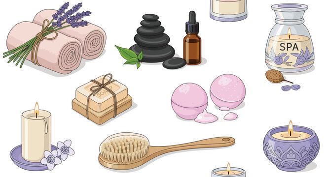 Seamless background pattern of relaxing spa items including towels, massage stones, candles, and bath bombs.