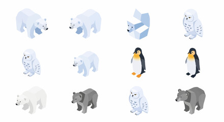 Collection of isometric arctic animals including polar bears, penguins, and snowy owls, presented in a clean, vector illustration style. © Syakilla