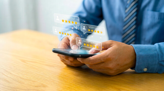 Businessman Using Smartphone to Give or Receive Five Star Customer Reviews and Feedback Online