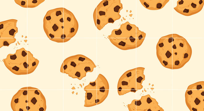 Seamless background pattern of delicious chocolate chip cookies, bitten pieces, and scattered sweet crumbs.