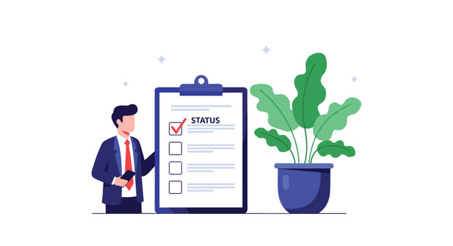 Businessman in a professional suit stands next to a giant clipboard with a checklist showing status and a checked box next to a plant.