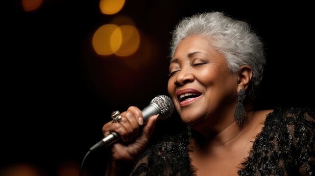 An African American senior woman performs passionately into a microphone on a dimly lit stage, her short gray hair and radiant expression conveying deep musical soul and confidence.