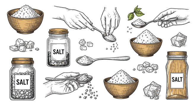 Collection of detailed engraving style illustrations depicting kitchen salt in bowls, jars, spoons, and hand sprinkling crystals.