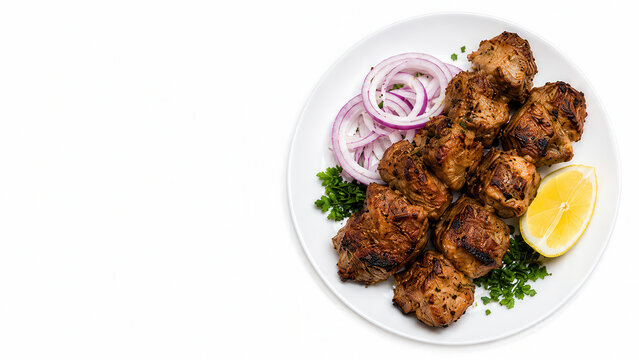 Souvla cipriota con carne grigliata, cipolla rossa e limone su piatto. Generative AI 