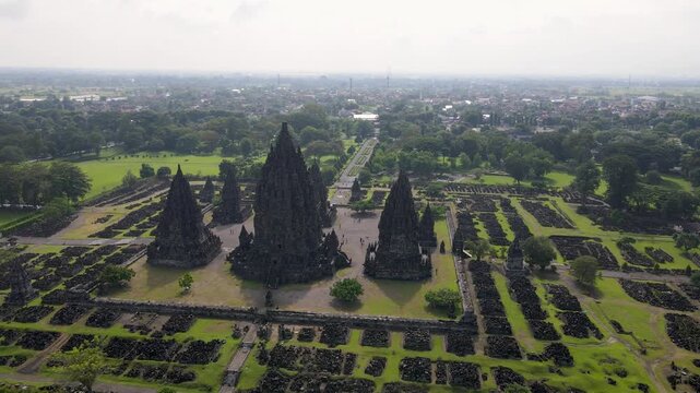 panorama prambanan tample with drone