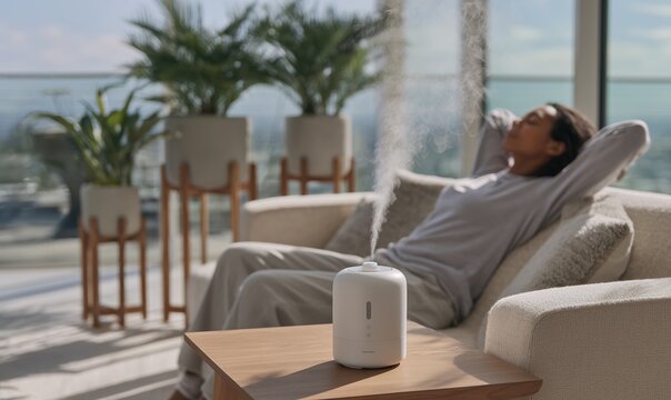 A woman reclines on a sofa at home beside a running air humidifier releasing mist, surrounded by indoor plants in a bright modern living room, evoking calm wellness.