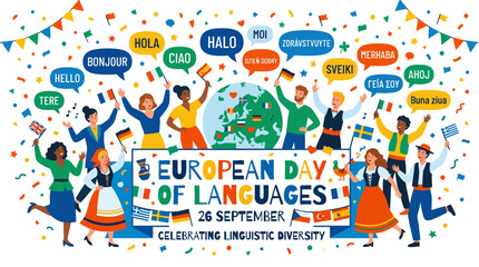Colorful illustration celebrating European Day of Languages with diverse people. © Muhammad