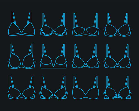 Assortment of different bra styles and designs in blue outline vector format showcasing variety of lingerie options for women.