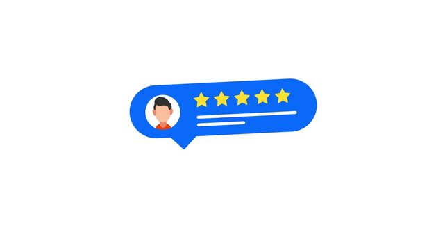 A blue speech bubble with a cartoon mans face and five yellow stars on a white background animation 4k stock video
