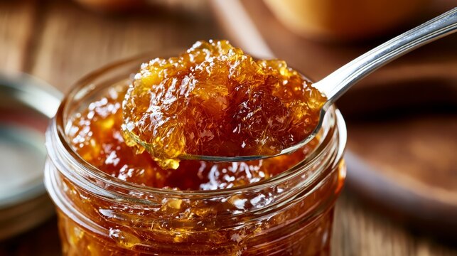 macro peach preserves scooped from mason jar with glossy fruit texture