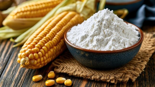 Benefits of Cornstarch. Two ears of corn and a bowl of white corn flour on a rustic wooden surface.