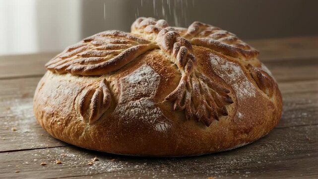Traditional homemade ritual bread with decorative pastry design on wooden table. Flour dusting process for bakery preparation during religious festival celebration.