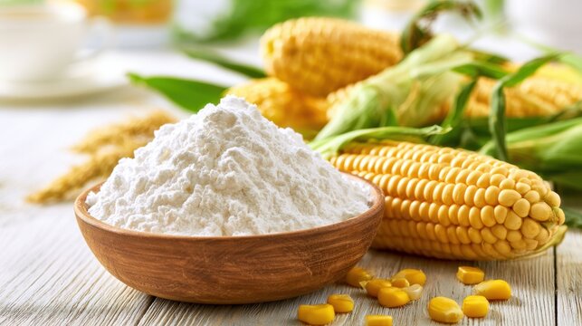 Benefits of Cornstarch. Wooden bowl filled with corn flour with fresh corn cobs and kernels on a rustic table.