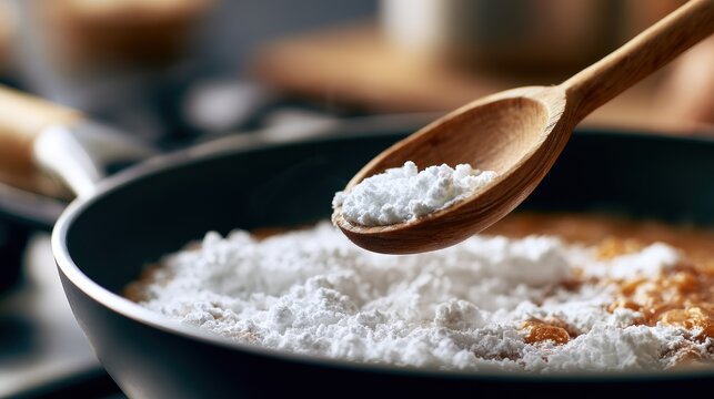 Benefits of Cornstarch. Wooden spoon sprinkling powdered sugar over a freshly baked dessert in a black pan.