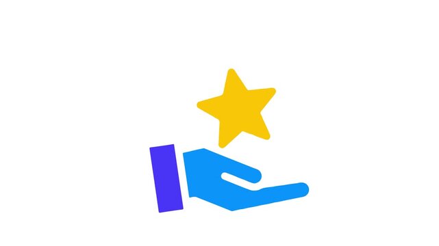 A blue hand with a purple cuff holds a yellow star above it on a white background animation 4k stock video