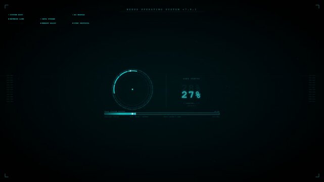 Digital interface animation of a futuristic sci-fi operating system booting up.