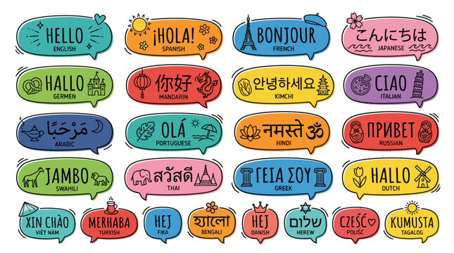 Multilingual hello speech bubbles in various colorful designs.
