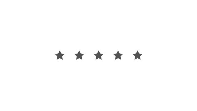 Five gray stars in a row on a white background for rating or review animation 4k stock video