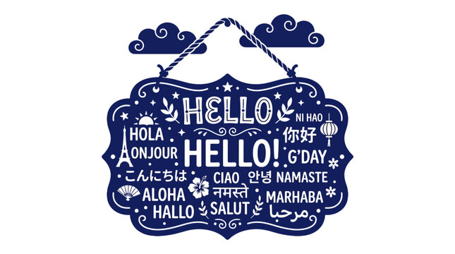 Multilingual hello greeting sign with clouds and stars.