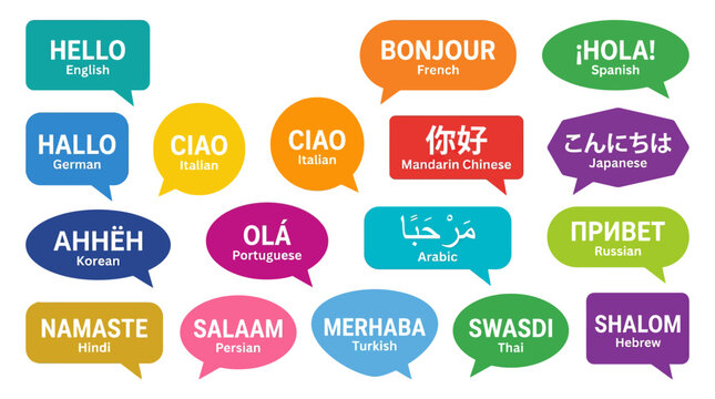 Hello greeting in multiple languages colorful speech bubbles.
