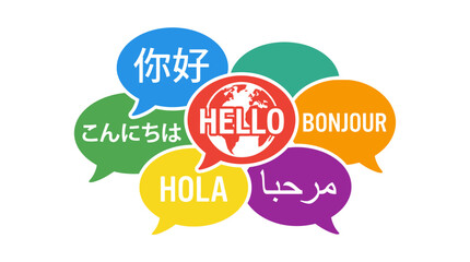 Colorful speech bubbles with hello in various languages. © Zahrakurnia