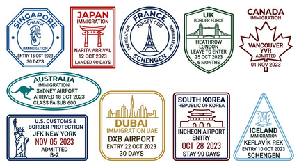 Collection of colorful international travel passport visa stamps. © Zahrakurnia