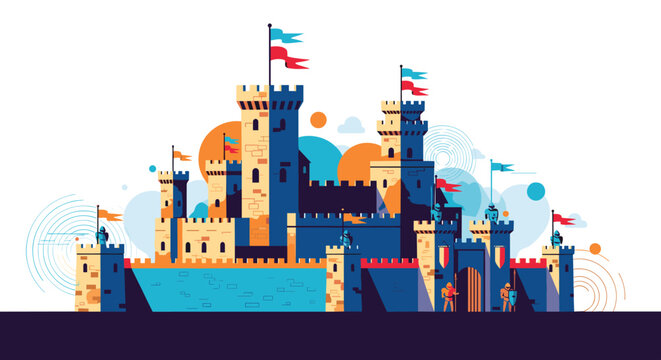 Majestic medieval fortress castle with stone towers, defense walls, and flying colorful flags in vector art style.
